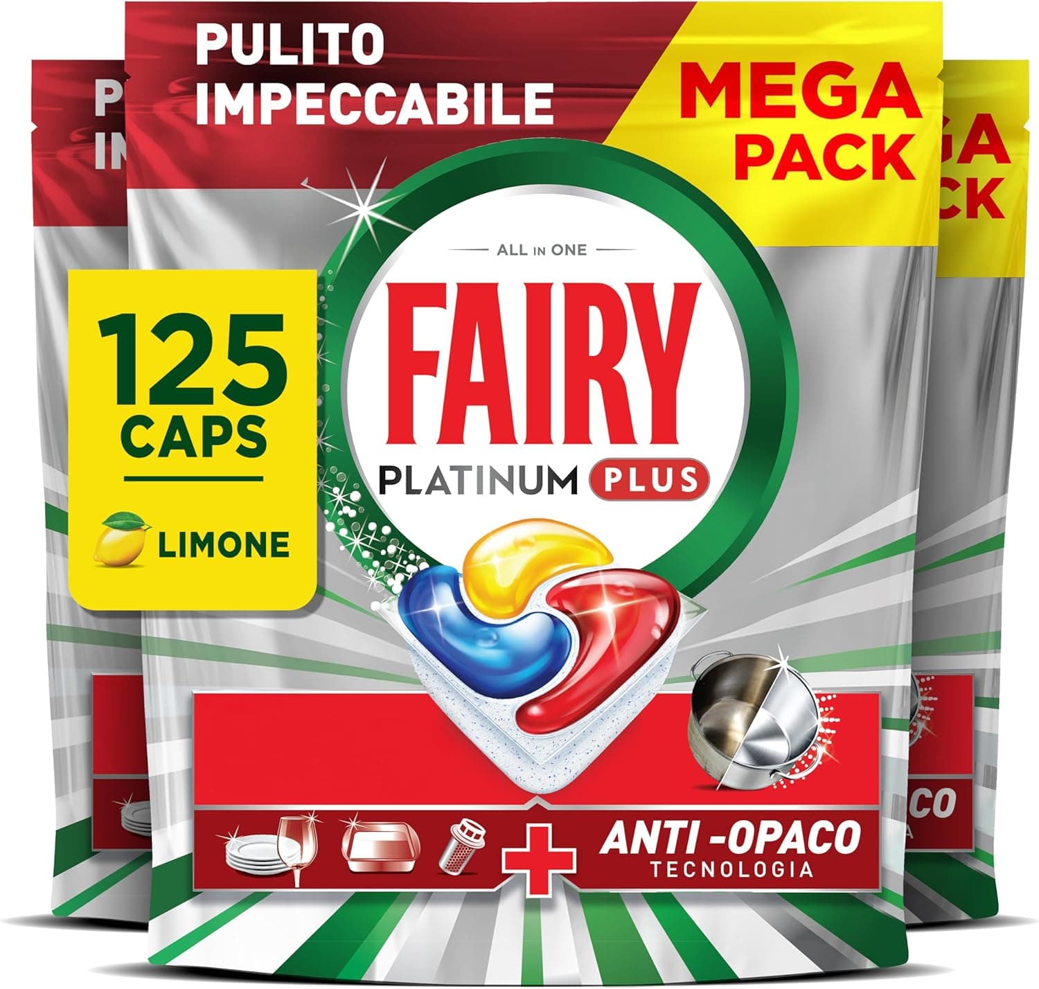 Fairy Platinum Plus Pastiglie Lavastoviglie Tutto in Uno, 125 Caps, Limone