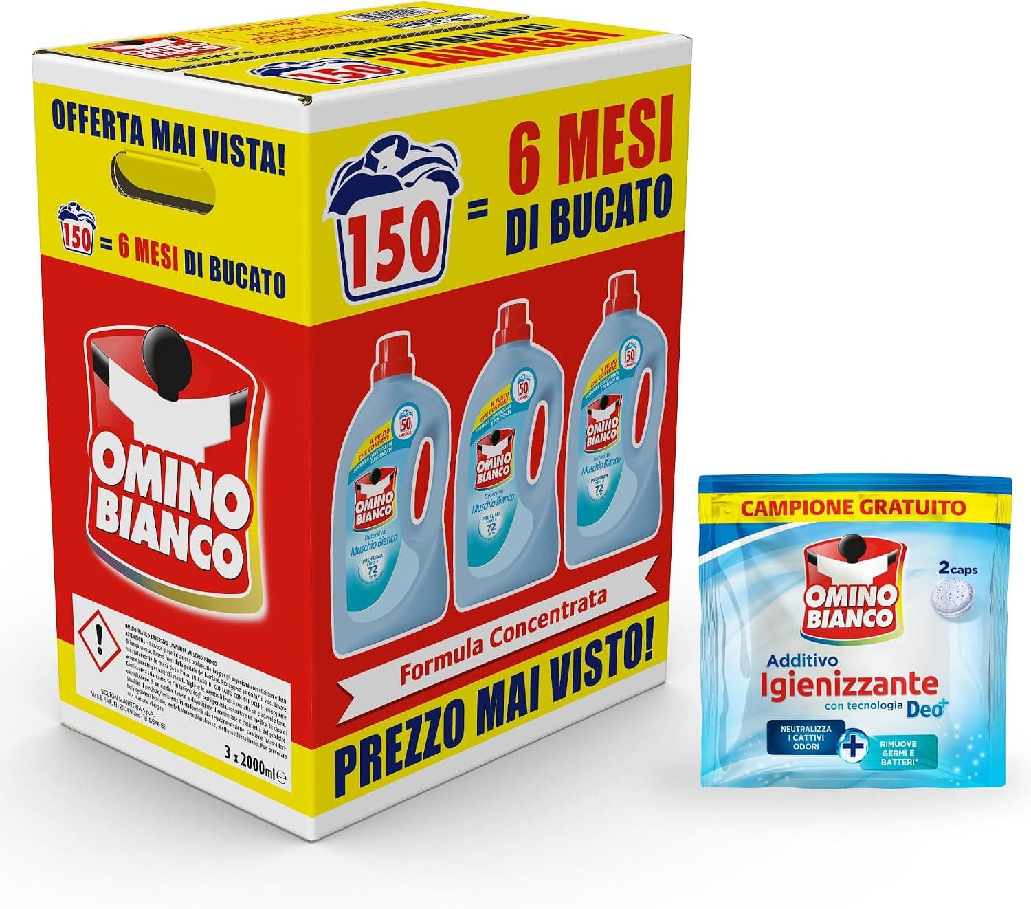 Omino Bianco Detersivo Lavatrice, Muschio Bianco, 2000 ml x 3 + Omaggio
