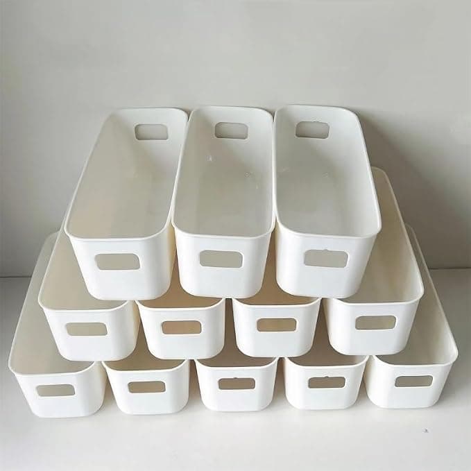 Confezione da 12 scatole portaoggetti impilabili in plastica con manici - Organizer multifunzionale durevole per casa, ufficio, armadio - Contenitori salvaspazio a cassetto per cancelleria, trucco