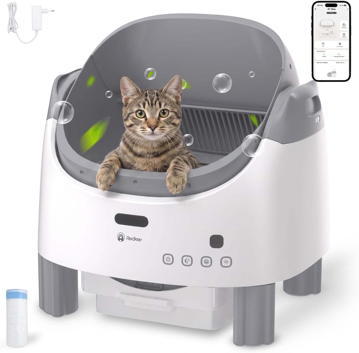 Redkey X1 Max Lettiera Gatto Autopulente Aperta, XXL Lettiera Autopulente per Gatti con Più Gatti con Controllo App, Multi-Sensori di Sicurezza, Protezione Anti-Pizzicamento, Controllo Odori