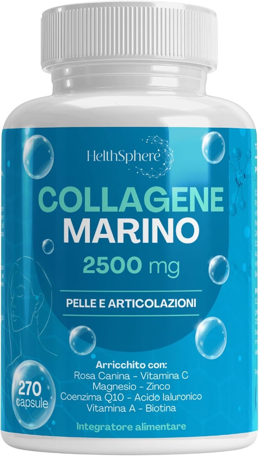 Collagene Marino con Acido Ialuronico 2500mg 270Cps - Con Coenzima Q10, Vitamina C, A, Biotina, Magnesio e Zinco – Per Pelle, Articolazioni e Ossa
