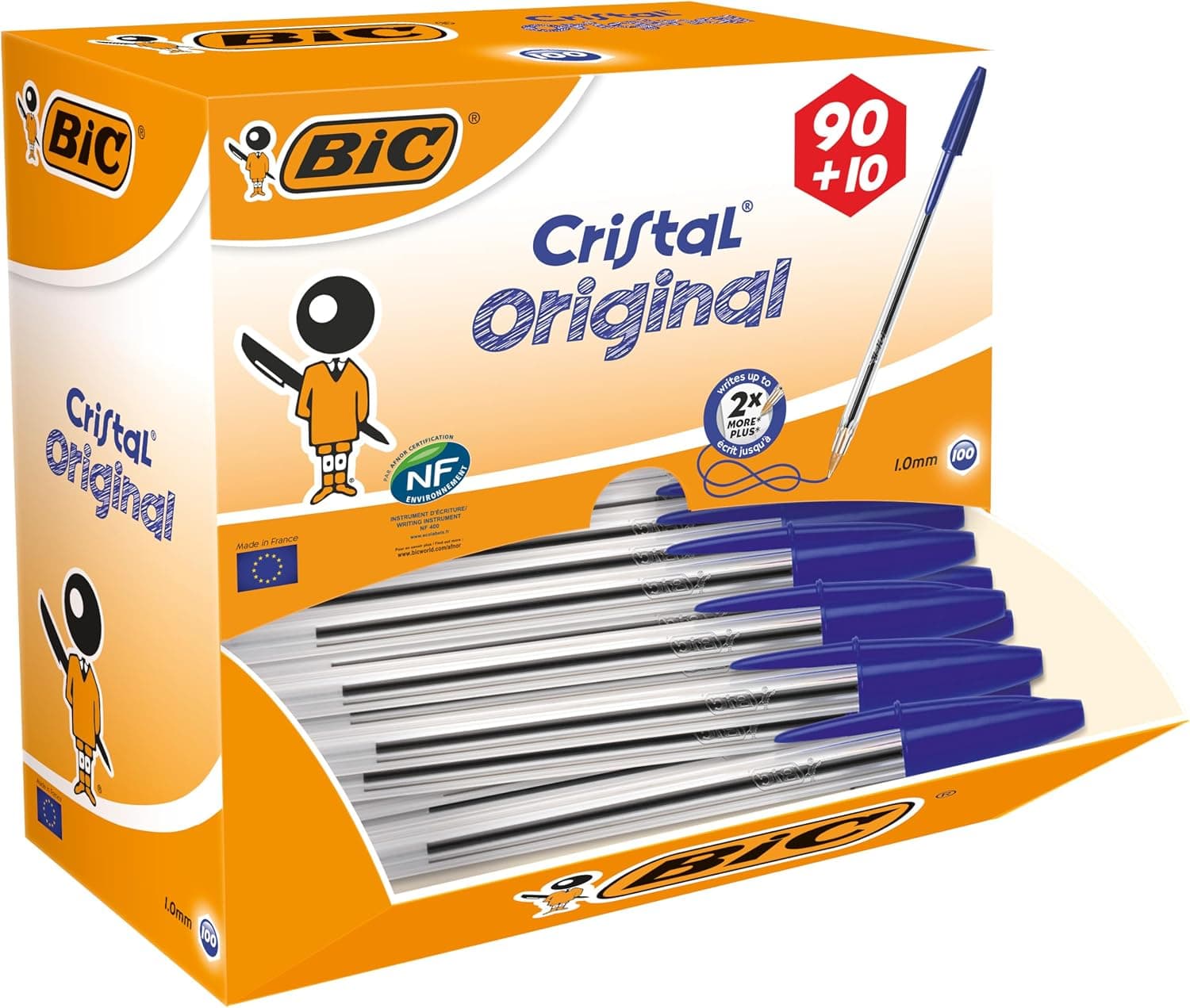 BIC Penne Blu a Sfera, Cristal Original, Punta Media (1.0 mm), Confezione da 90+10 Penne, Fornitura per Cancelleria Ufficio e Scuola