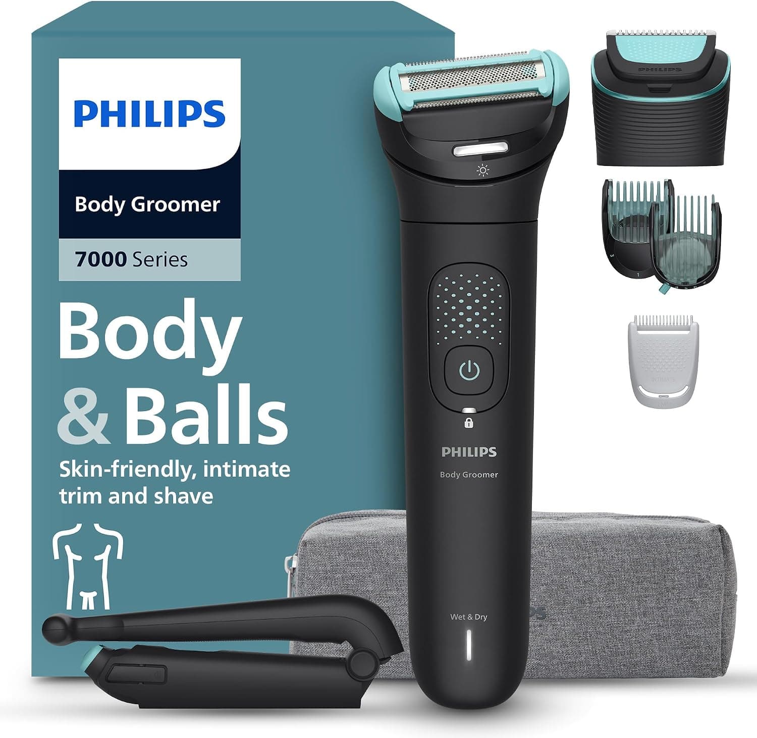 Philips Bodygroom Serie 7000 - Rifinitore per uomo, testina flessibile 2D, tripla protezione, Testine intercambiabili, Rifinitura e rasatura intima, Impermeabile 100%, 120 minuti autonomia, BG7480/15